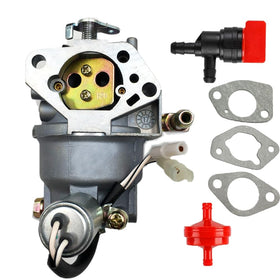 Package contents show gasket set, fuel filter, and shut-off valve for complete maintenance