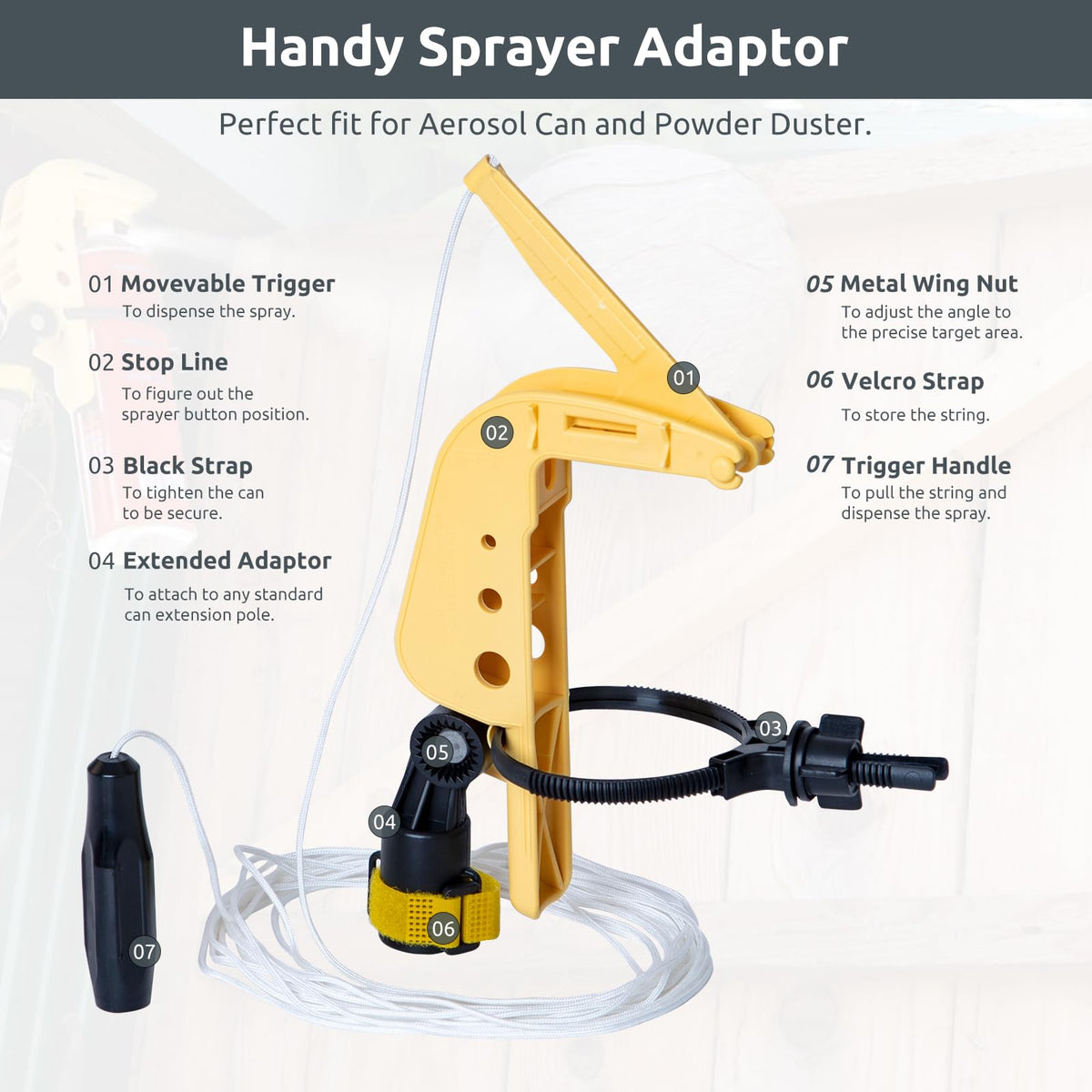 Lizatto trigger mechanism sprayer adaptor for precise dispensing from a distance