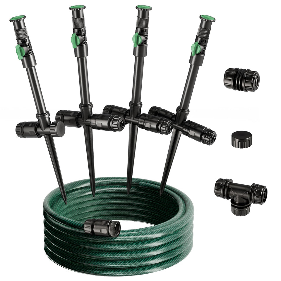 Lizjarol Flexible Sprinkler System demonstrates customizable coverage for lawns and beds.