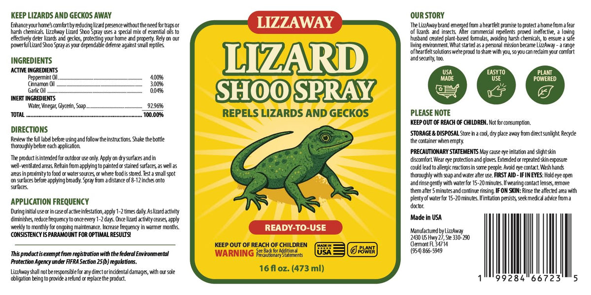USA-made LizzAway Lizard Shoo Spray provides a safe, ready-to-use deterrent solution.