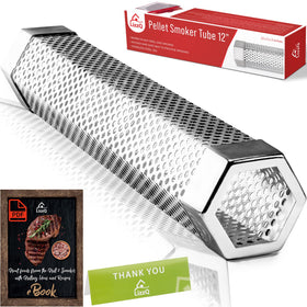 LIZZQ Pellet Smoker Tube 12in in use on grill, delivering extended smoke flavor.
