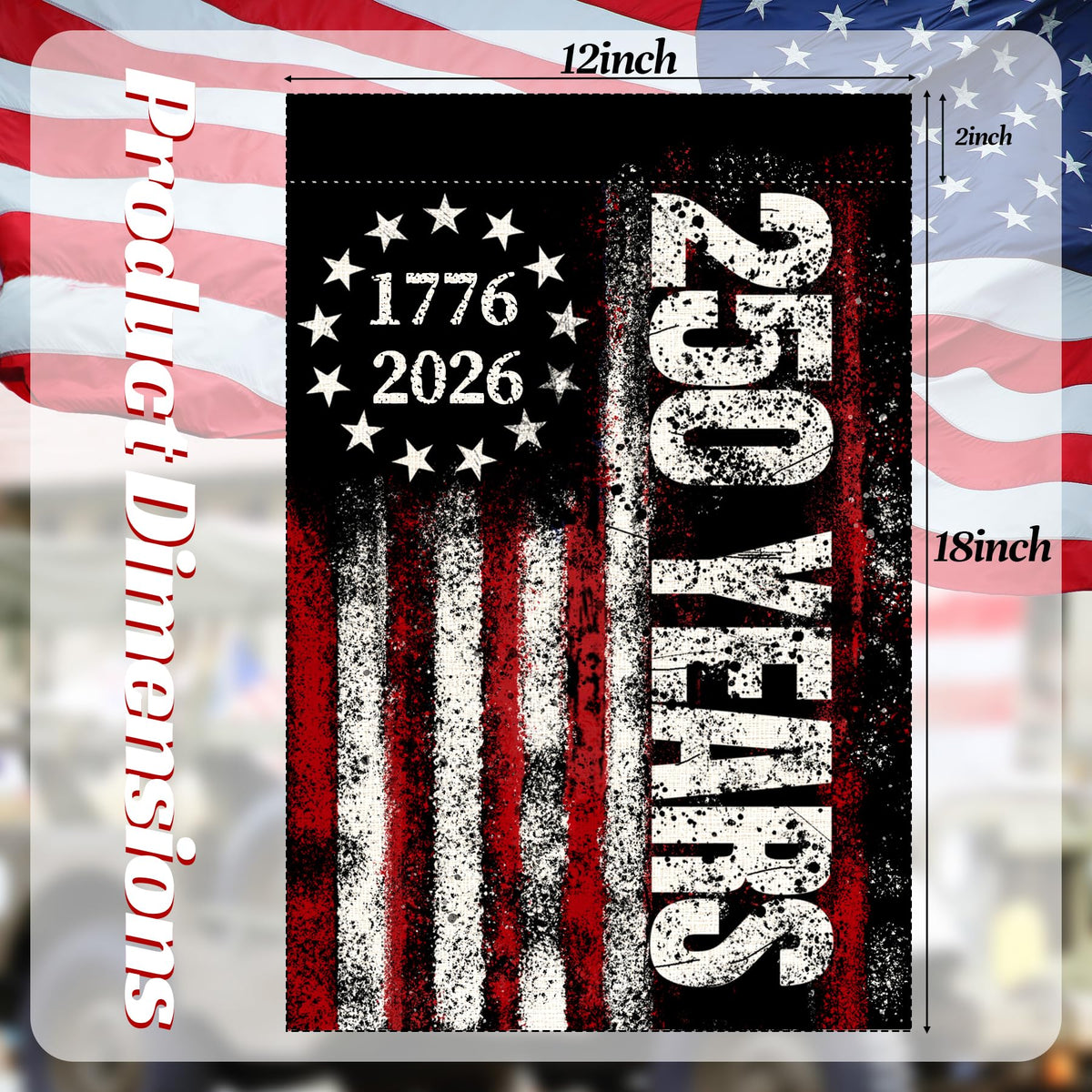 LJSCQF 250th Anniversary flag back view with mirrored text.