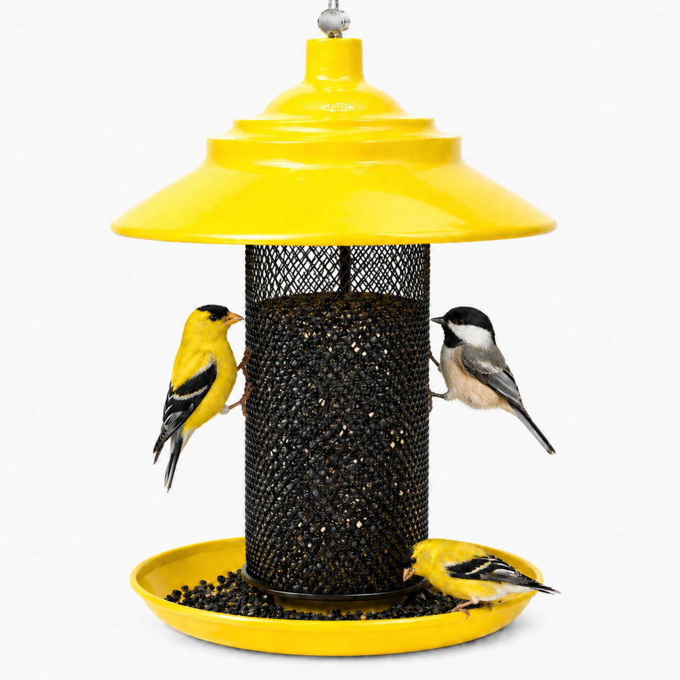LJYIDAMY Finch Feeder top view highlights mesh design for nyjer seed feeding.