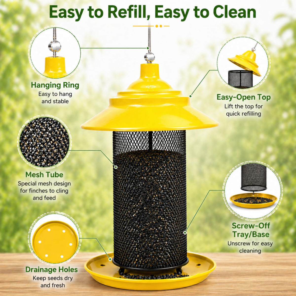 Tray-open LJYIDAMY Finch Feeder for simple refilling and cleaning.