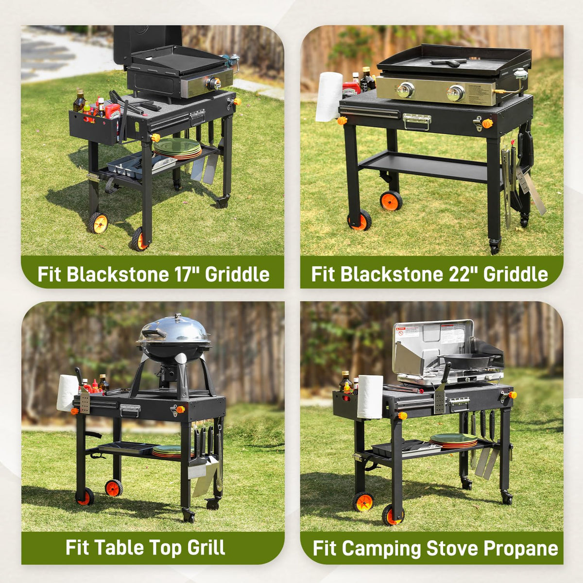 LKVHV multi-hook storage for utensils and grill tools on the cart.