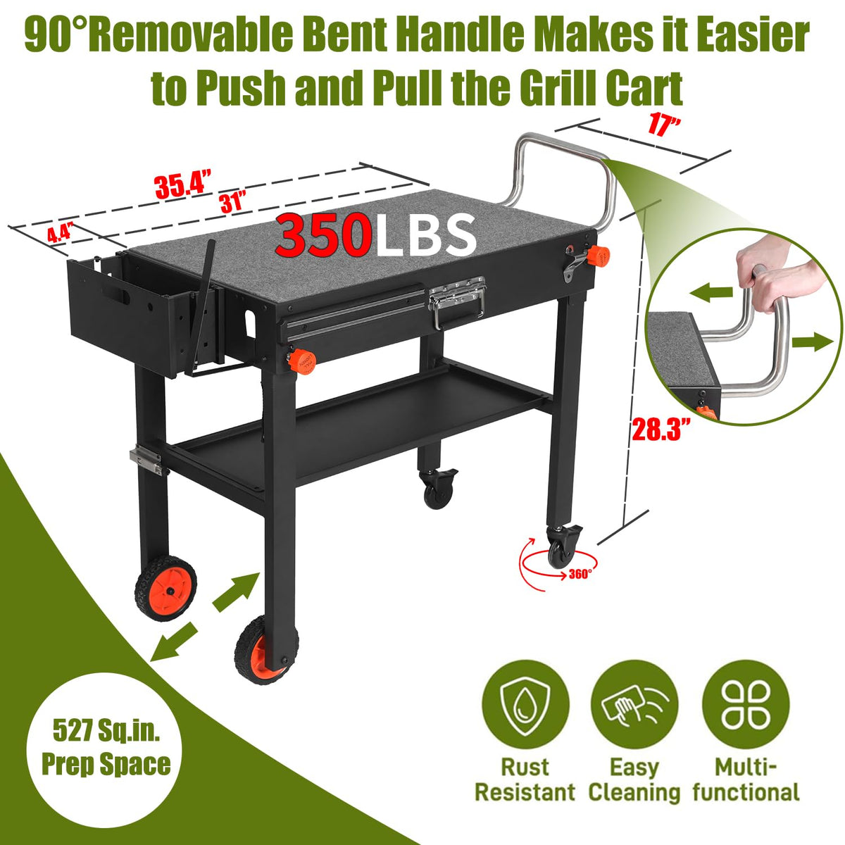 LKVHV wheels 360 swiveling with lock for easy outdoor movement.