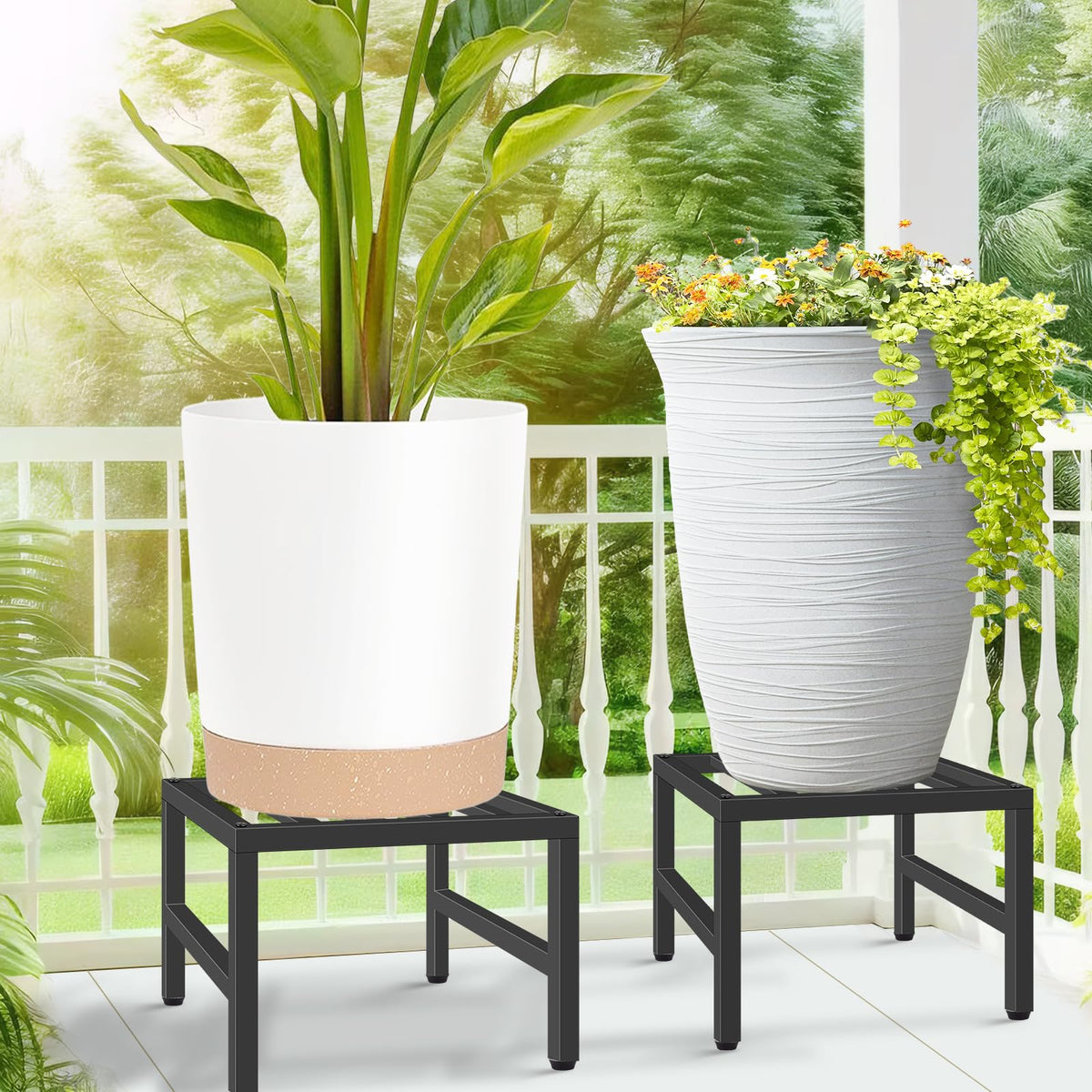 LLAXERGU minimalist black plant stand complements modern decor and greenery.