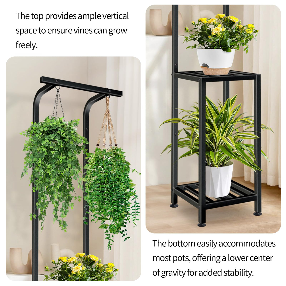 LLAXERGU plant stand uses heavy-duty metal tubing for durability and weather resistance.