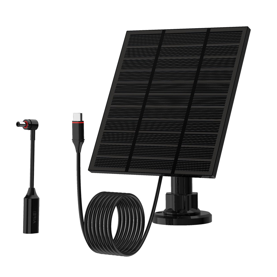 LMDTYN 5W solar panel side view powering Ring Camera outdoors for clean energy