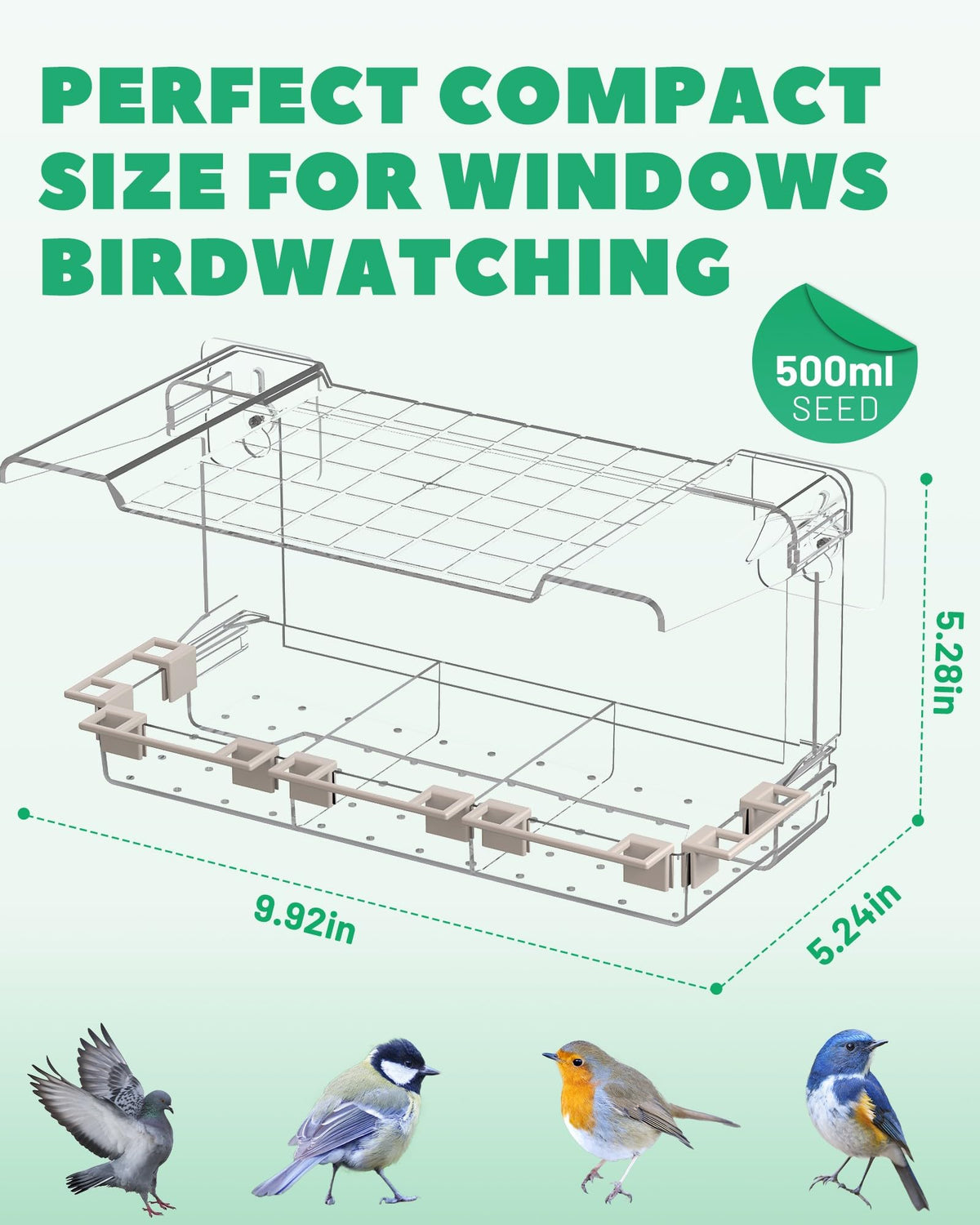 LMHOME Clear Window Bird Feeder on-window setup for close-up feeding observations.
