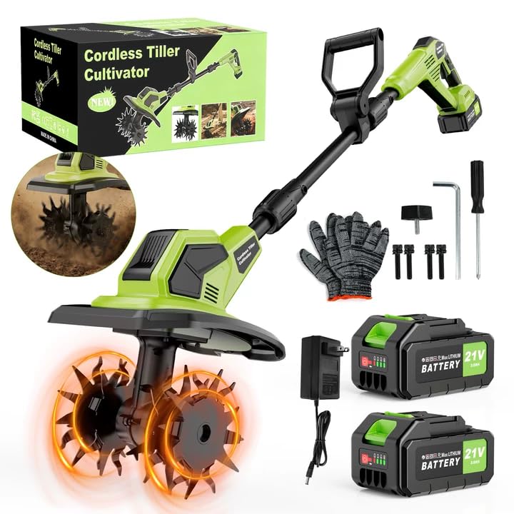 Lmozim cordless tiller with 2 batteries for untethered garden work.