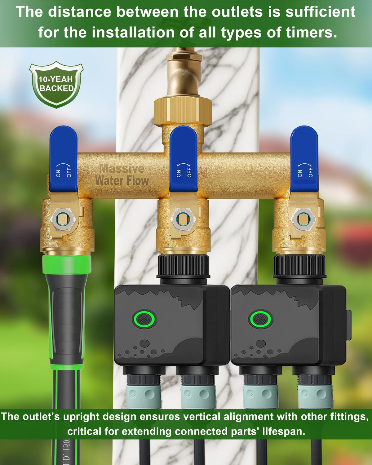 LNEZCDB 3-way outlet spacing keeps timers and hoses organized during tasks.
