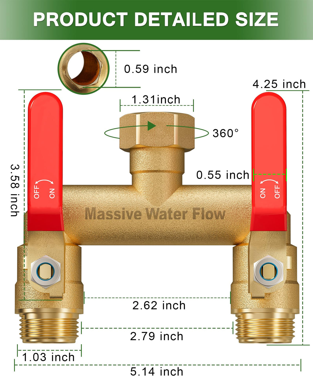 LNEZCDB Brass hose splitter body highlights durable brass construction for long-lasting use.
