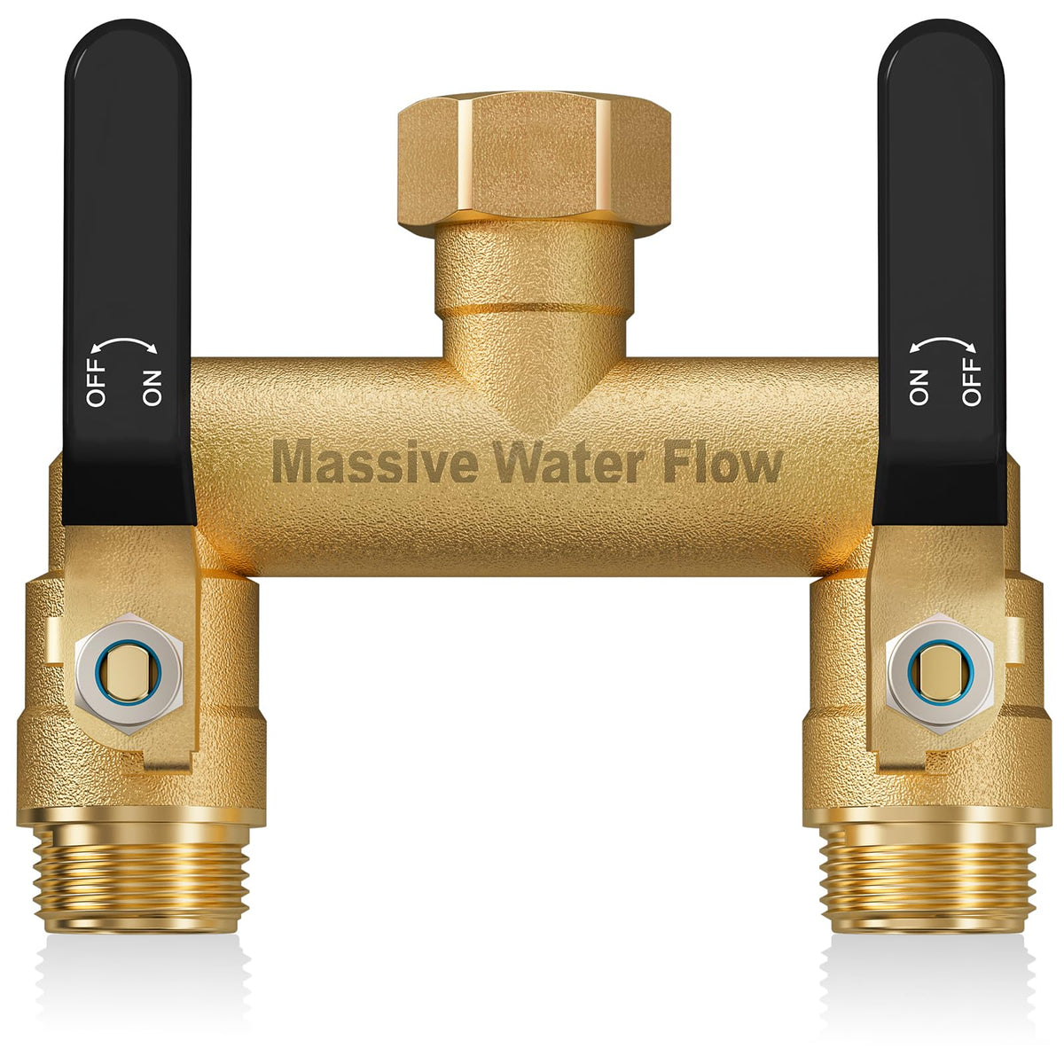 LNEZCDB 2-way hose splitter front view showing sturdy brass construction for durable garden use