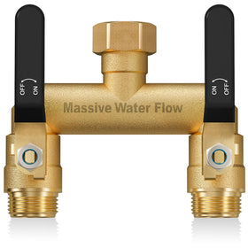 LNEZCDB 2-way hose splitter front view showing sturdy brass construction for durable garden use