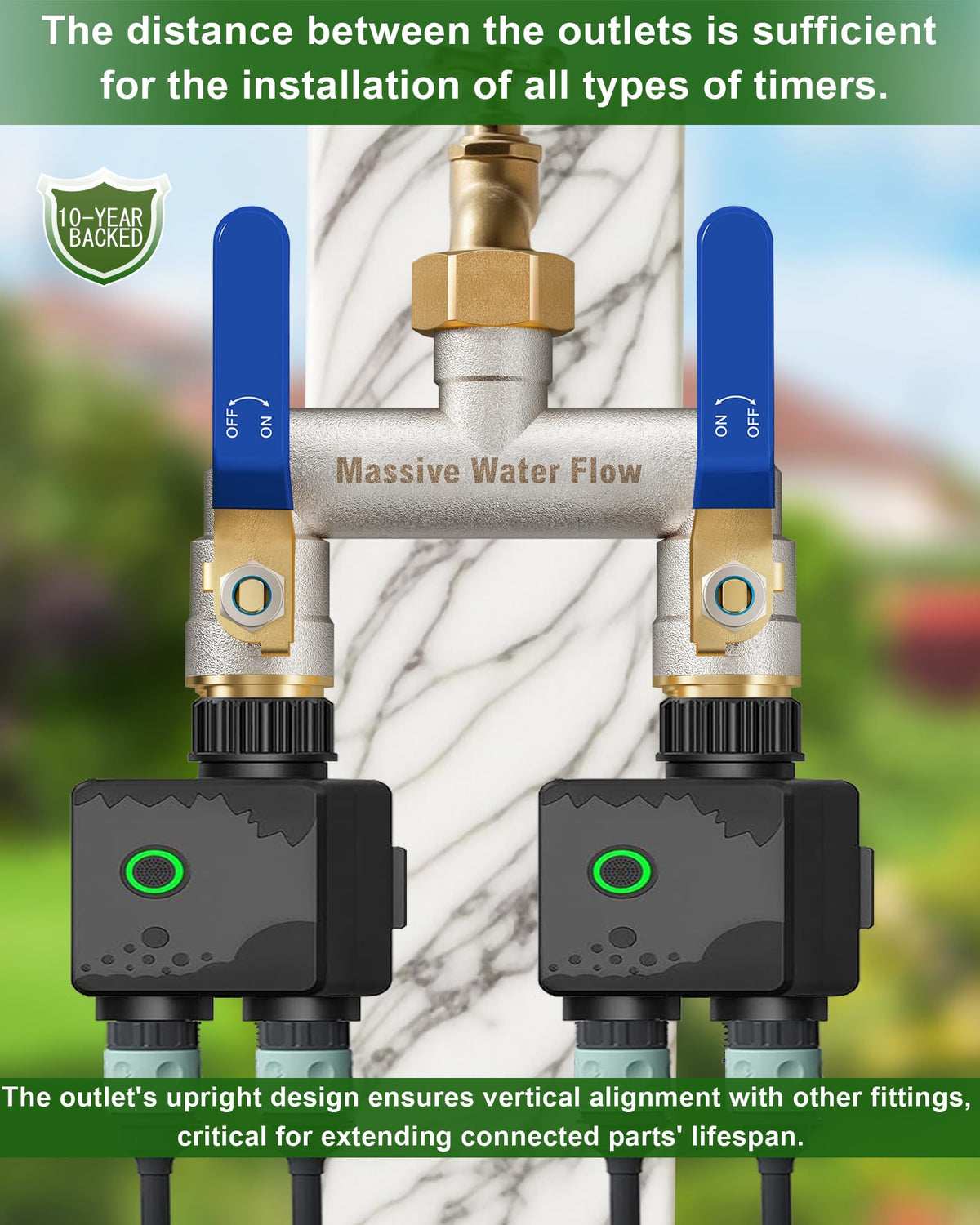 LNEZCDB hose splitter in outdoor use with two outlets and timer compatibility