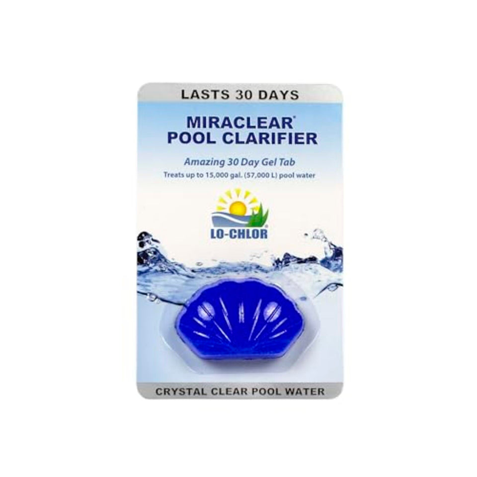 Lo-Chlor Miraclear gel tab in skimmer basket refreshing pool clarity.