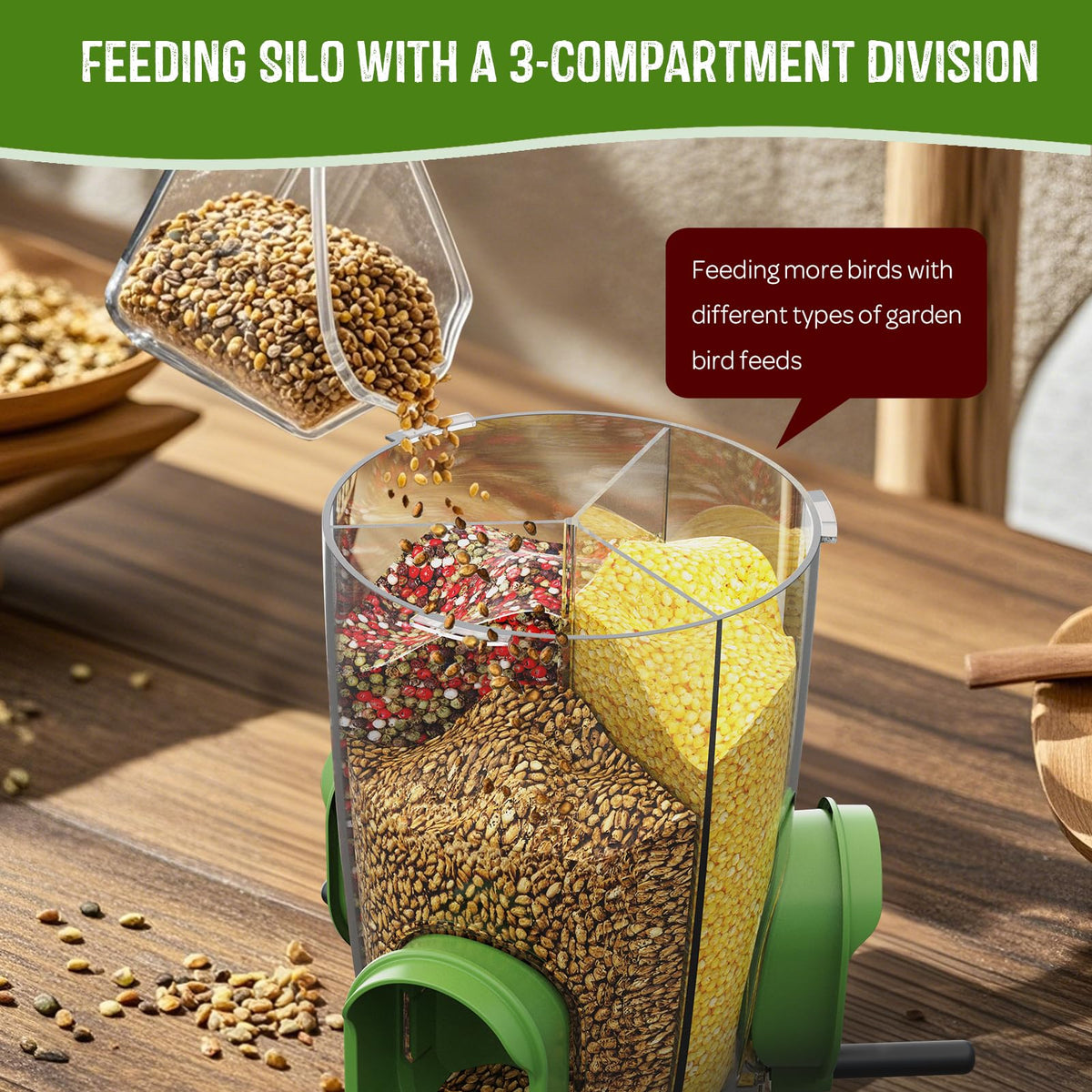 LO NA LOVE NATURE bird feeder shows three compartments for mixed seed types.
