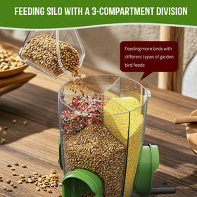 LO NA LOVE NATURE bird feeder shows three compartments for mixed seed types.
