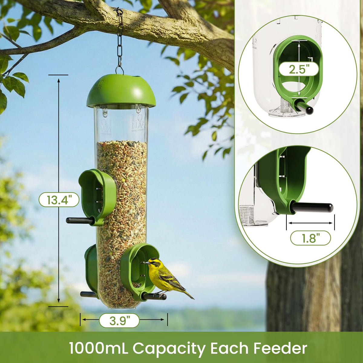 LO NA LOVE NATURE Lona dome cover protects seeds from rain while feeding birds.