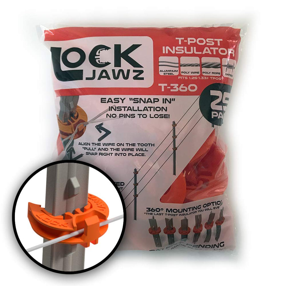 Lock Jawz T-360 orange insulator on a T-post for reliable fence setup.
