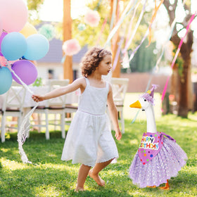 Locmeo festive yard display features purple outfit for celebrations