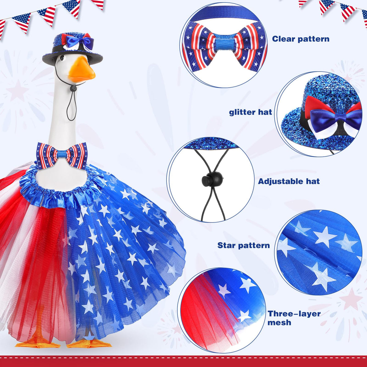 Locmeo tutu skirt brings star-spangled charm to 23-inch lawn geese.