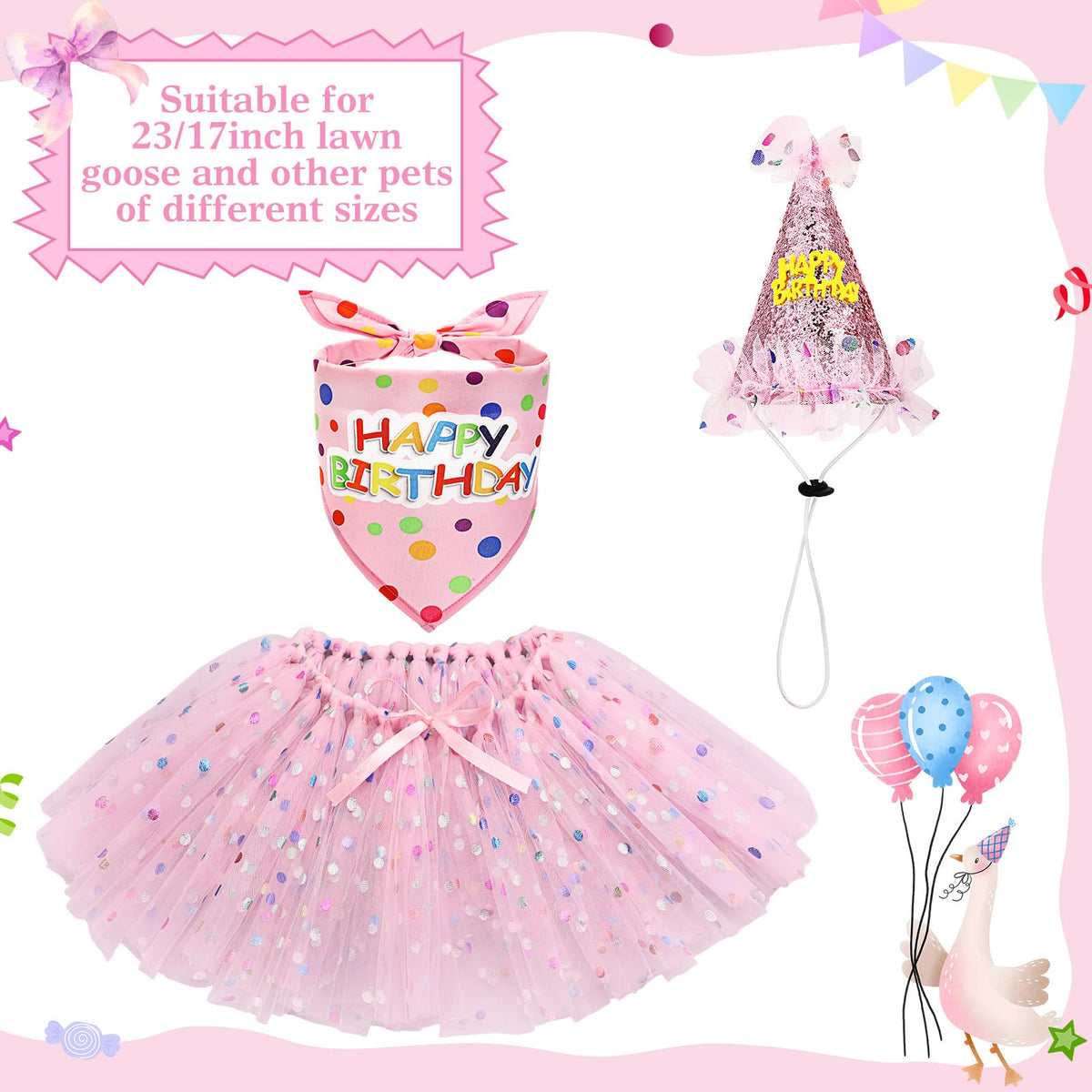 Locmeo tutu skirt enhances cement goose visibility during garden celebrations.
