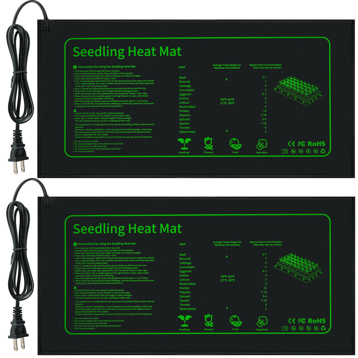 LOCONHA seedling heat mat top view showing a black 10x20.75-inch pad in a tray.