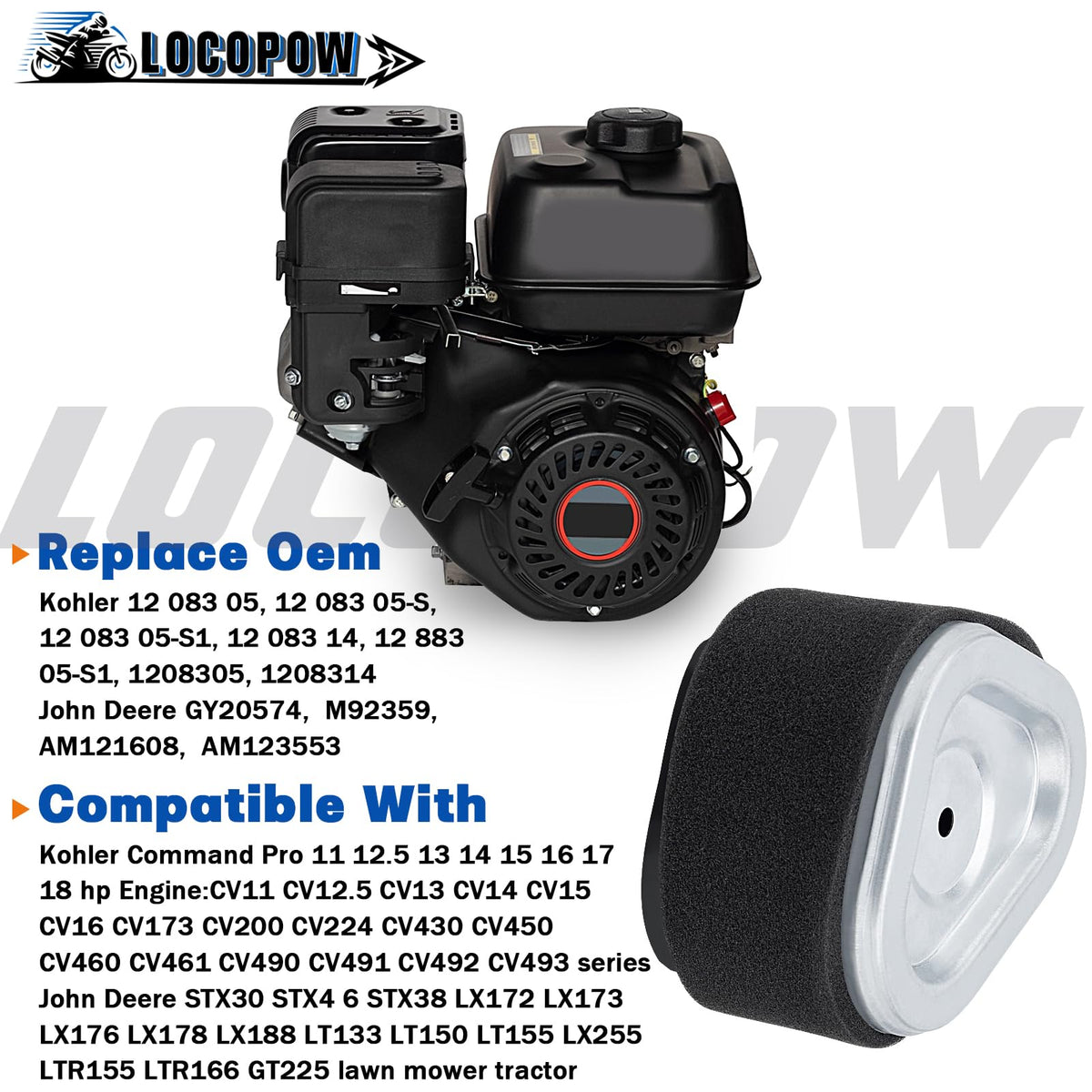 LOCOPOW packaging illustration confirms compatibility with Kohler and John Deere