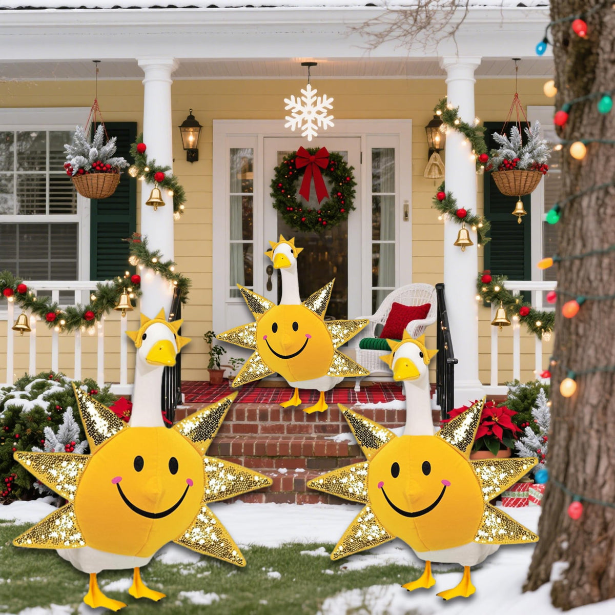 Bright sun design stands out against snow for instant seasonal focus.