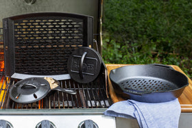 Lodge American-made cast iron topper highlighting durability and quality.