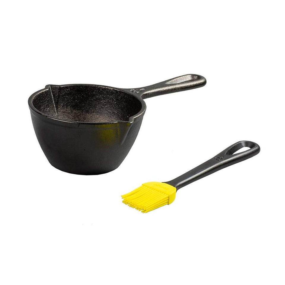 Lodge melting pot with silicone brush showing heat retention for melting sauces