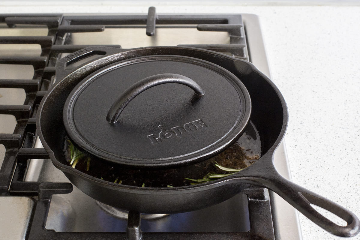 Lodge round cast iron press heats evenly for faster sears and consistent results.