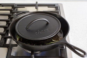Lodge round cast iron press heats evenly for faster sears and consistent results.