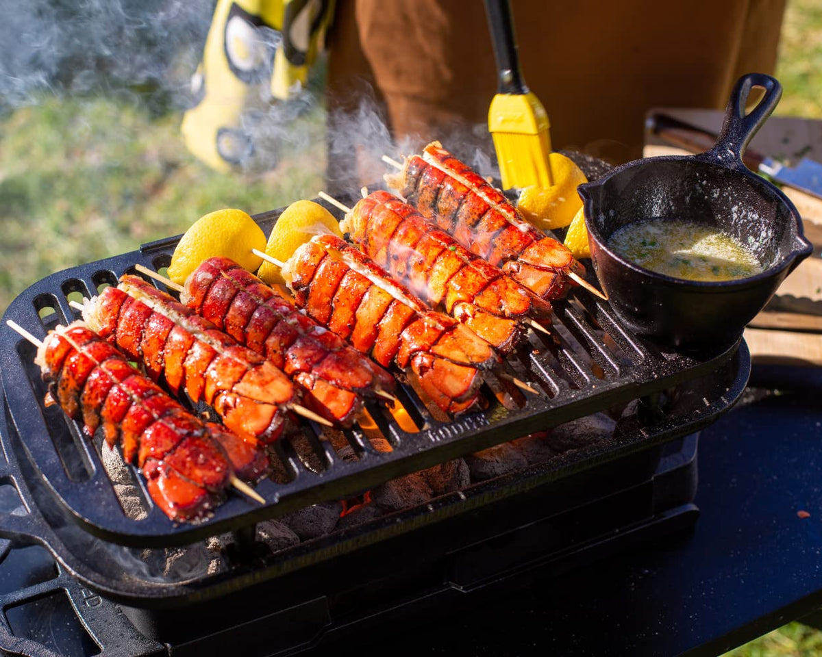Cast iron heat retention enables even cooking and searing on the grill.