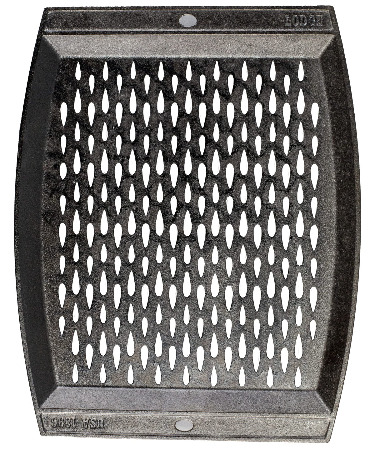 Lodge teardrop perforations close-up illustrating airflow for even grilling.
