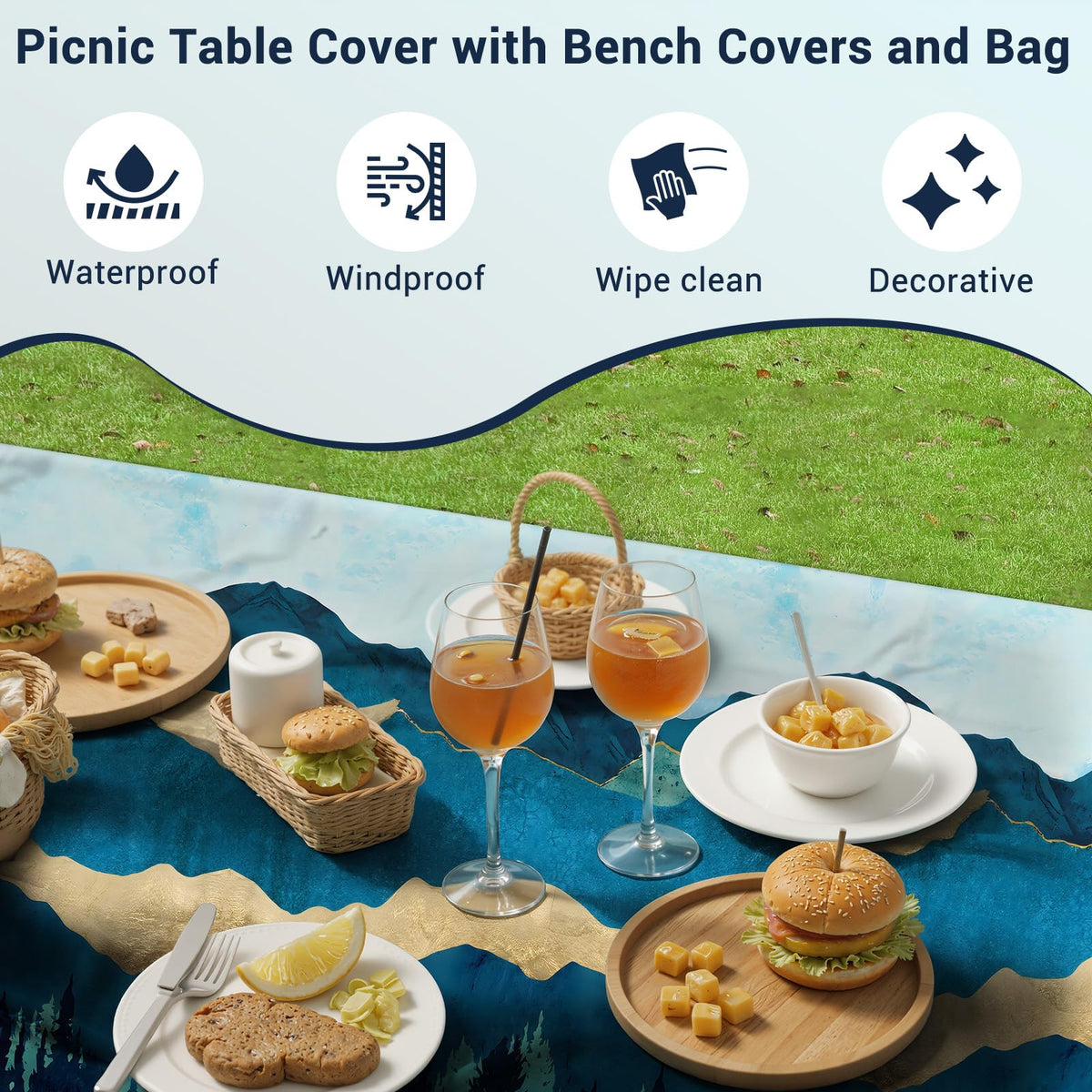 Loiyadn backyard picnic scene with coordinated blue-green cover.
