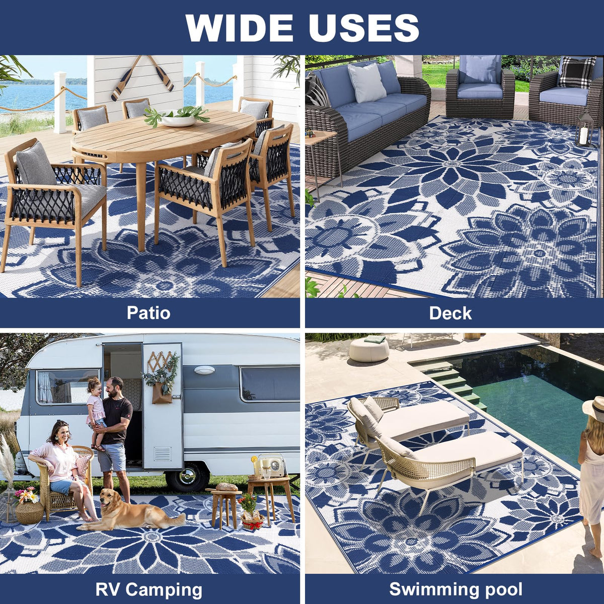 Lokhom corner loops with pegs help secure the rug outdoors.