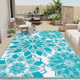 LOKHOM outdoor rug 5x8 teal and white top view for ample patio coverage.