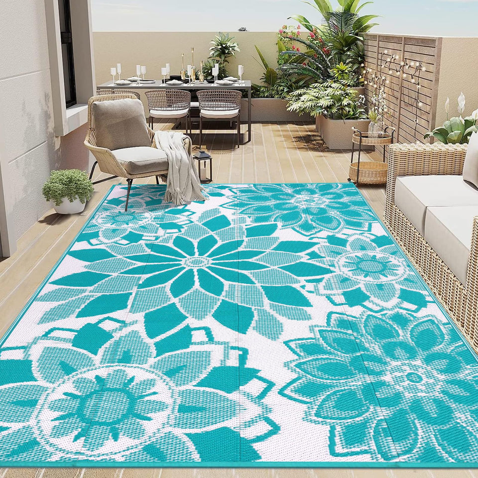 LOKHOM outdoor rug 5x8 teal and white top view for ample patio coverage.