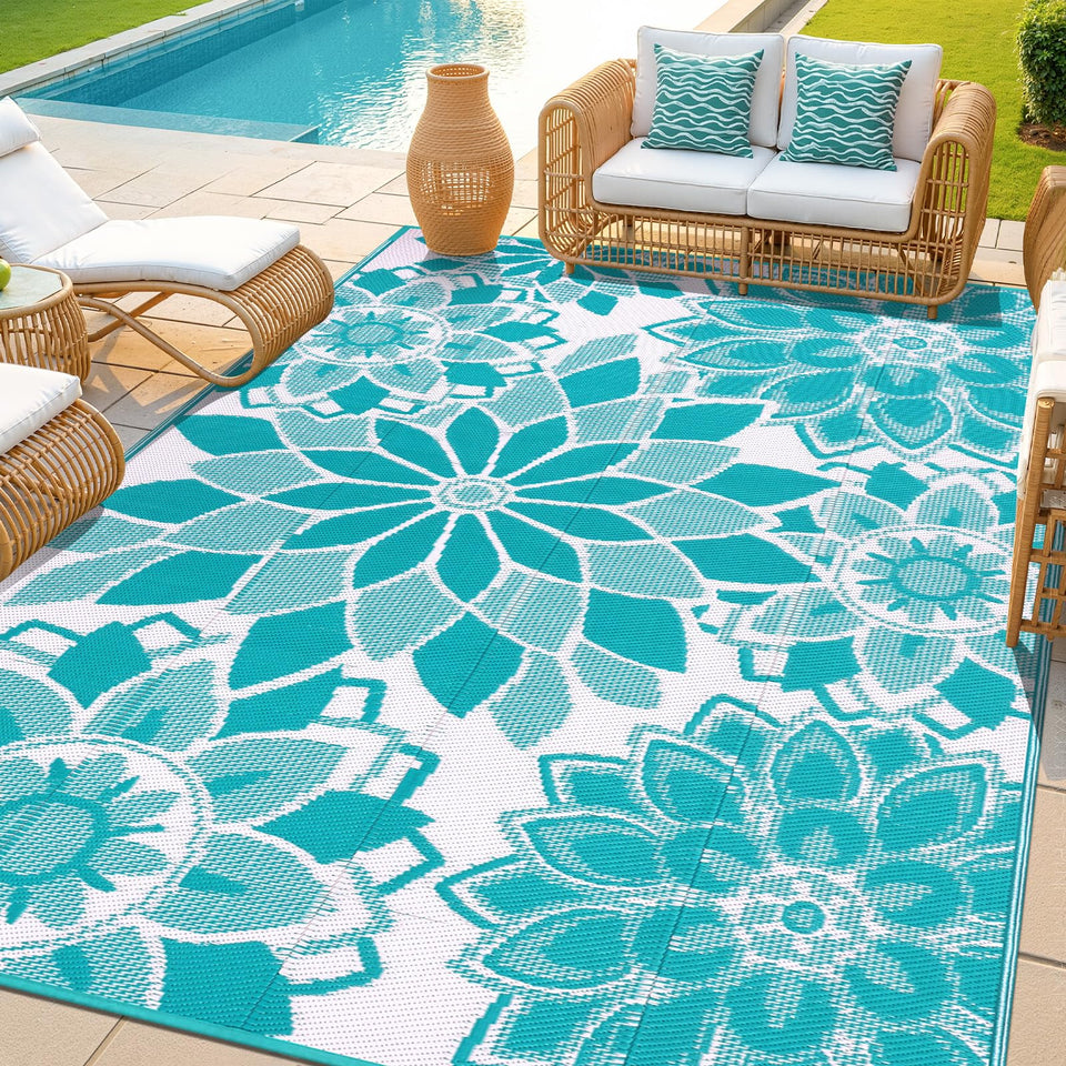 LOKHOM teal and white floral outdoor rug for patios; durable and fade-resistant.