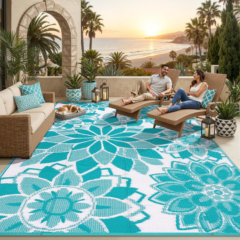 LOKHOM outdoor rug 8x10 teal and white, reversible design for versatile patio styling