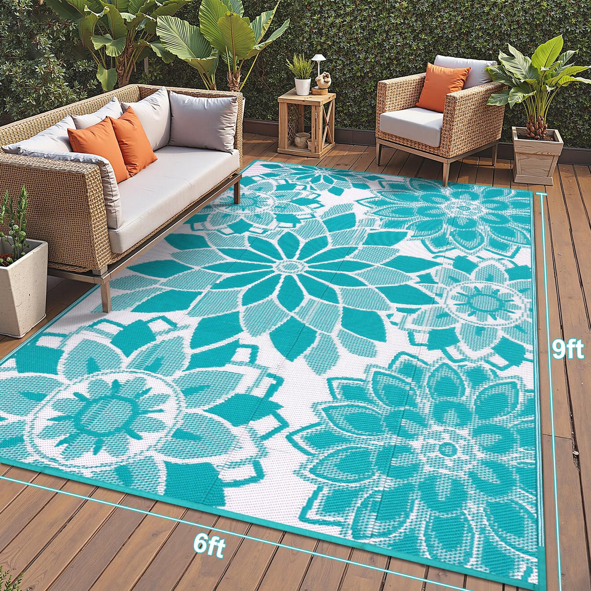 LOKHOM RV mat for outdoor use in teal and white, easy camp setup.