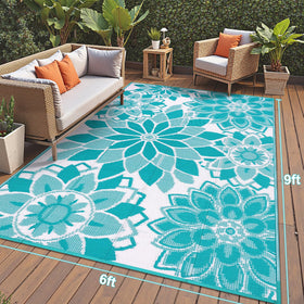 LOKHOM RV mat for outdoor use in teal and white, easy camp setup.