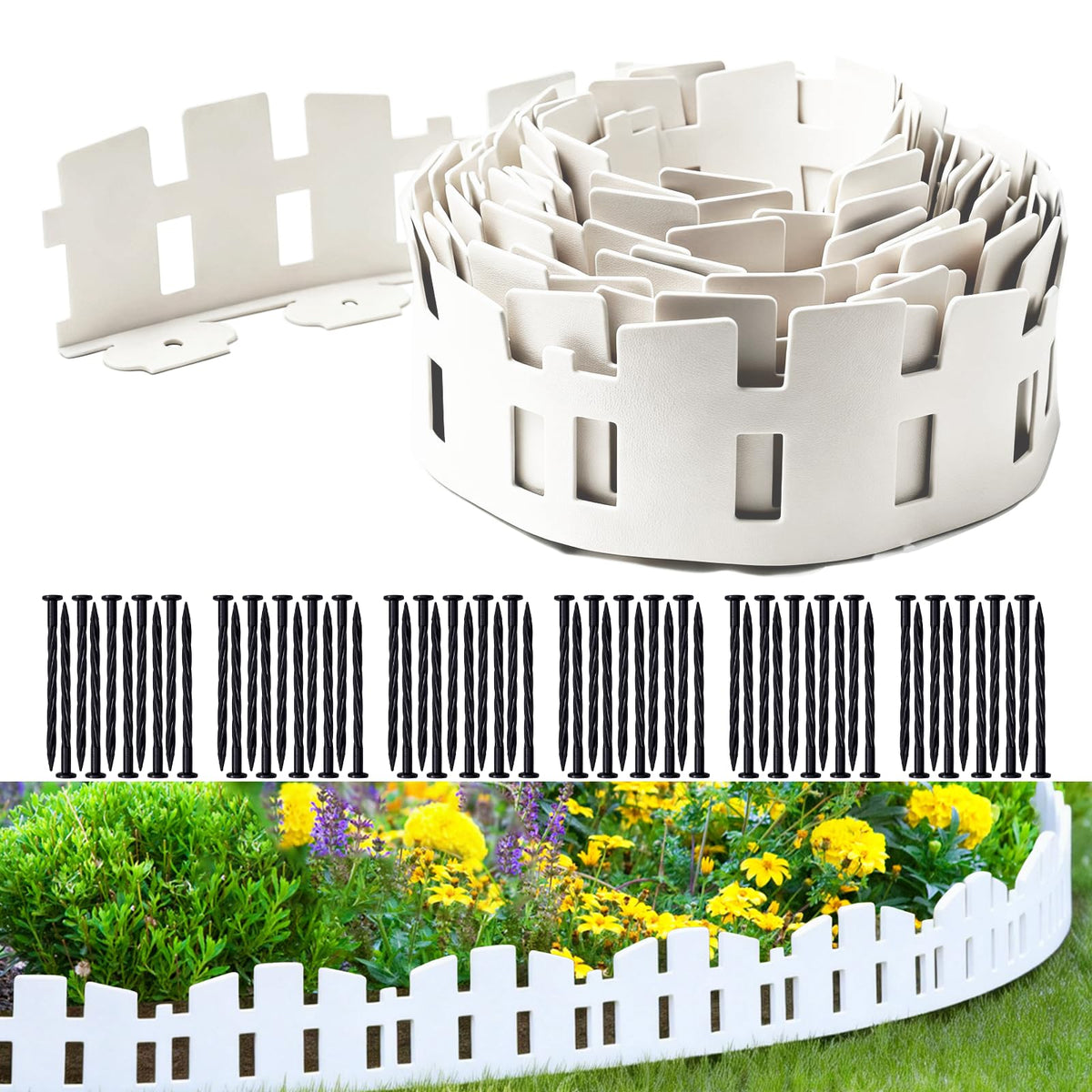 LOLEDE garden edging defines flower beds with a crisp white border.