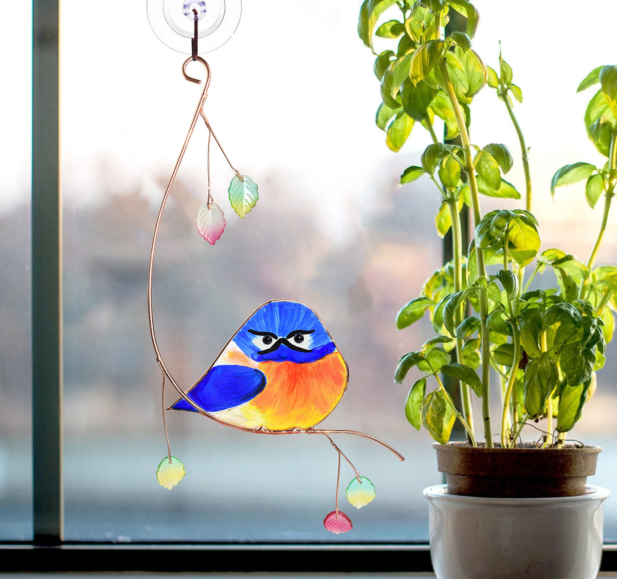Lolitarcrafts Owl window hanging showcases blue tones and copper accents.