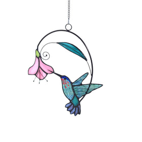 Lolitarcrafts stained glass hummingbird blue flower A hanging in sunlight enhances decor
