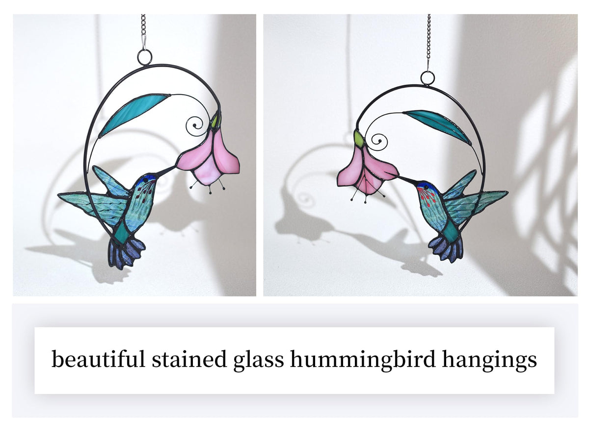 Lolitarcrafts stained glass hummingbird blue flower B window display in sun