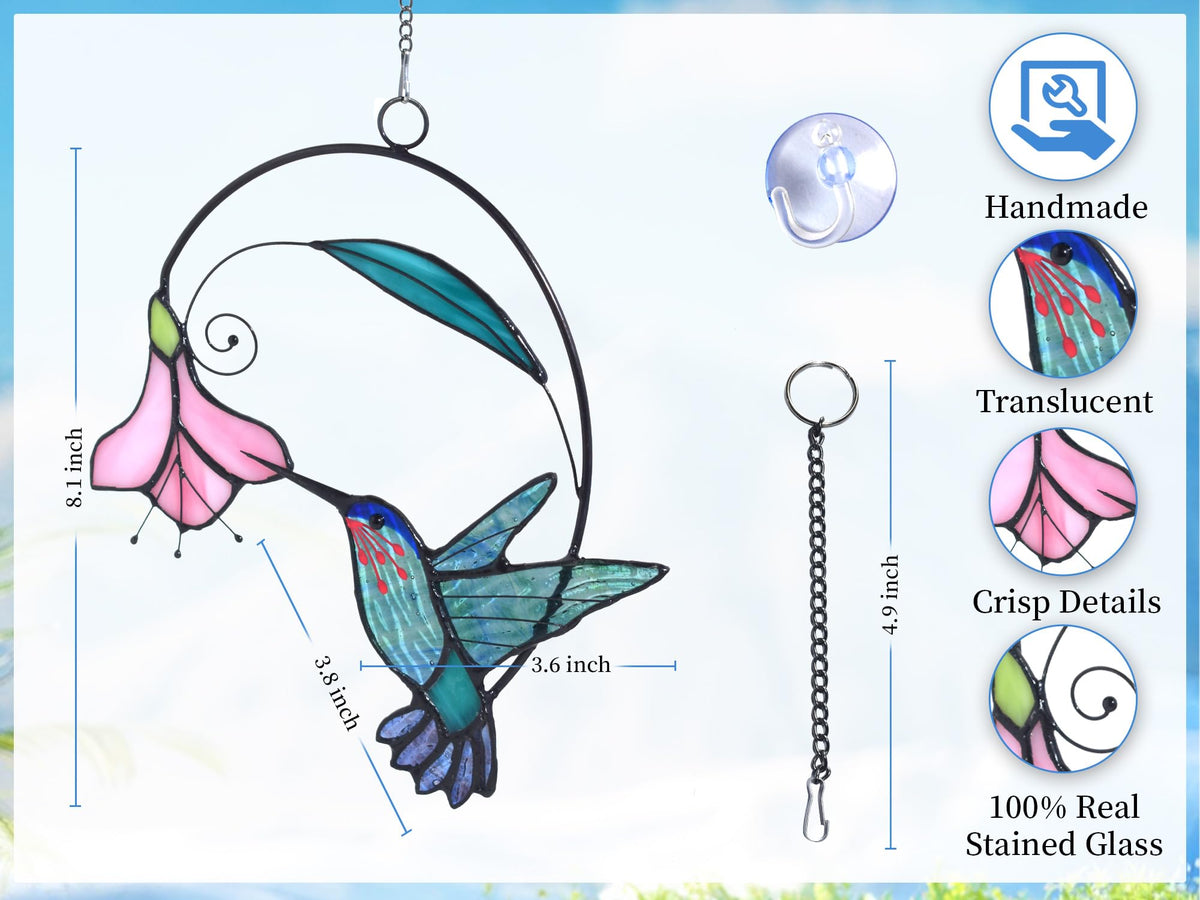 Lolitarcrafts stained glass hummingbird green flower A vibrant color in window